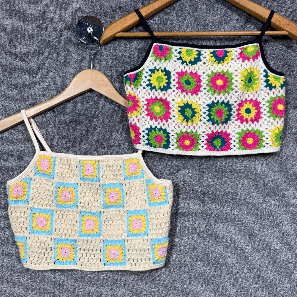 Wild Fable Crochet Crop Top Lot 2 Floral Patchwork Cami Multi Cream Small Boho